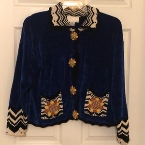 Cache Royal Blue Sweater/Teddy Jacket with Chevron Accents
